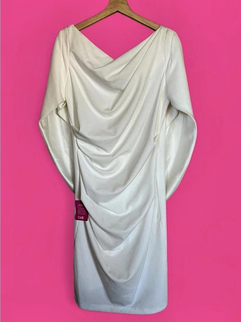 NWT! Betsy & Adam “Jordan” Scuba Crepe Drape Back Dress in white / size: 12